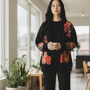 Chico's Black Cardigan with Colorful Embroidery Large